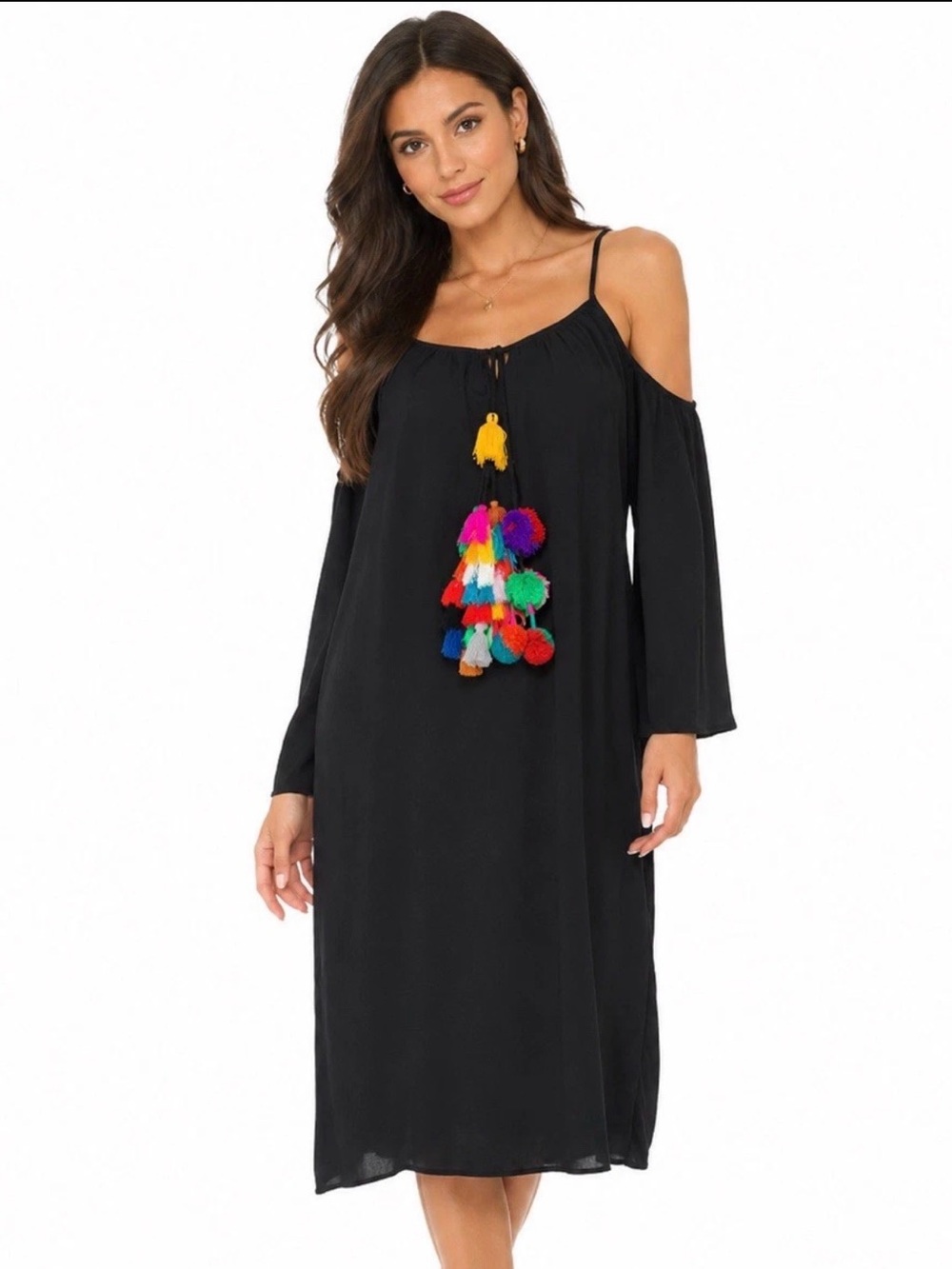 NWT Vasna Women’s Black Cold Shoulder Tassel Midi Dress XL Bell Sleeve Boho